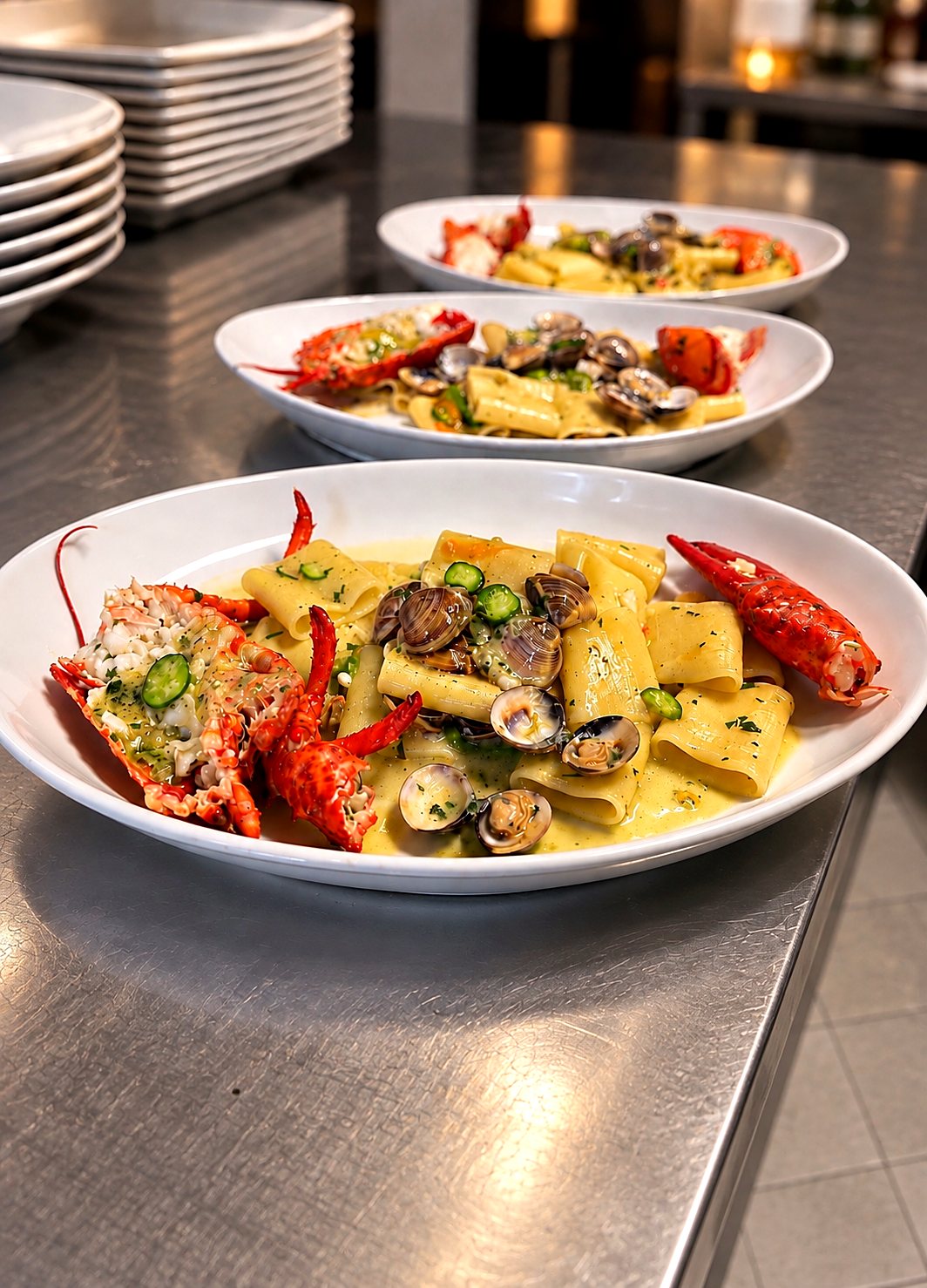 Paccheri con astice, vongole e fiori di zucca